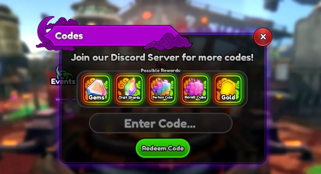 Anime Squadron Codes redeem menu with Enter Code field, possible rewards, and Redeem Code button
