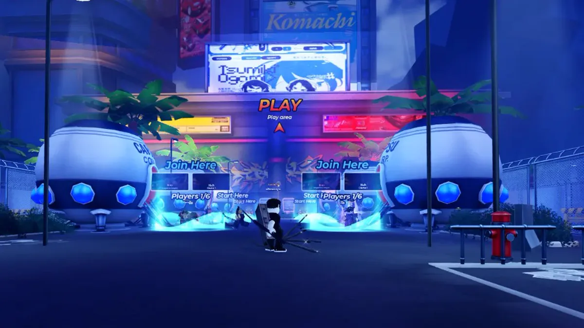 Anime Zero lobby plaza at night with a PLAY sign, Join Here portals, Caps Corp pods, and neon city billboards