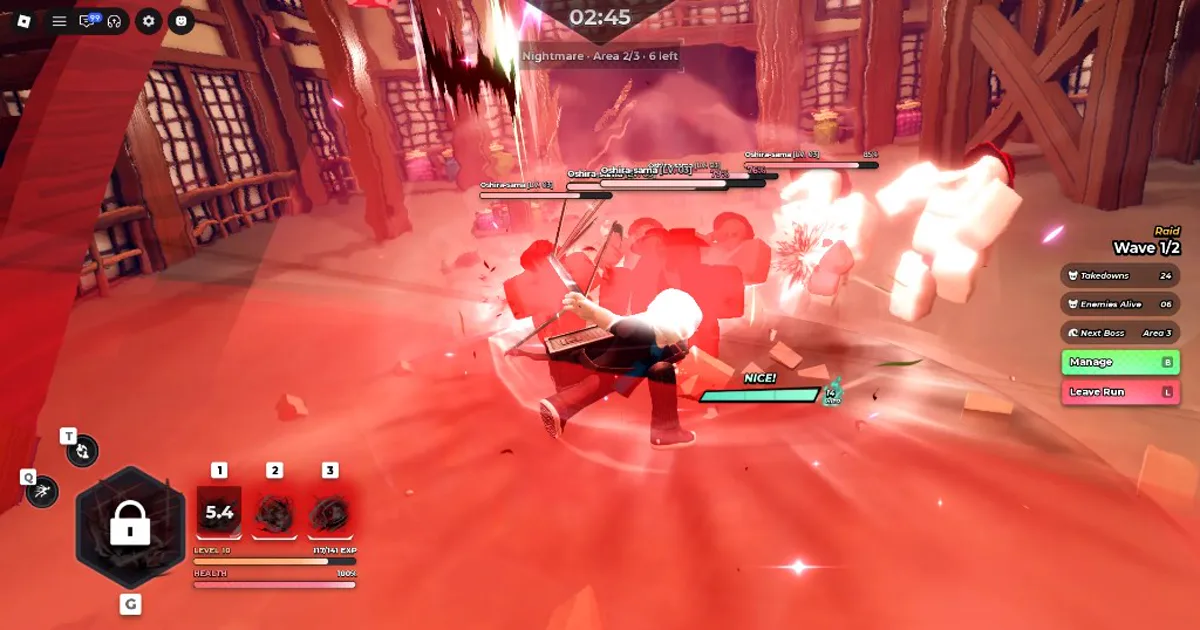 Anime Zero Nightmare mode combat with a large red AoE attack, raid wave panel, and skill hotkeys