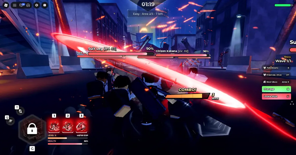 Anime Zero Story mode street fight with a glowing red sword slash, combo counter, and run stats