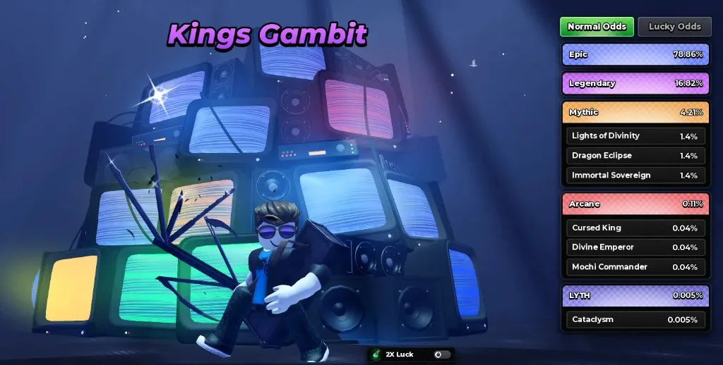 Anime Zero Arsenal Normal Odds panel for Kings Gambit showing Epic through Lyth drop rates