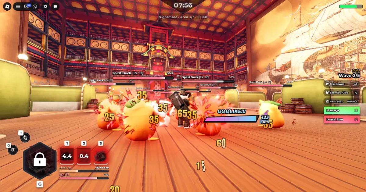 Anime Zero Nightmare raid fight in a Japanese hall against Spirit Duck enemies with combo and skill UI