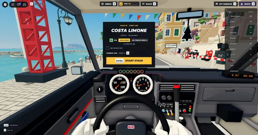 Backseat Rally Costa Limone start line in Orso 4 with AI co-driver and ENTER START STAGE