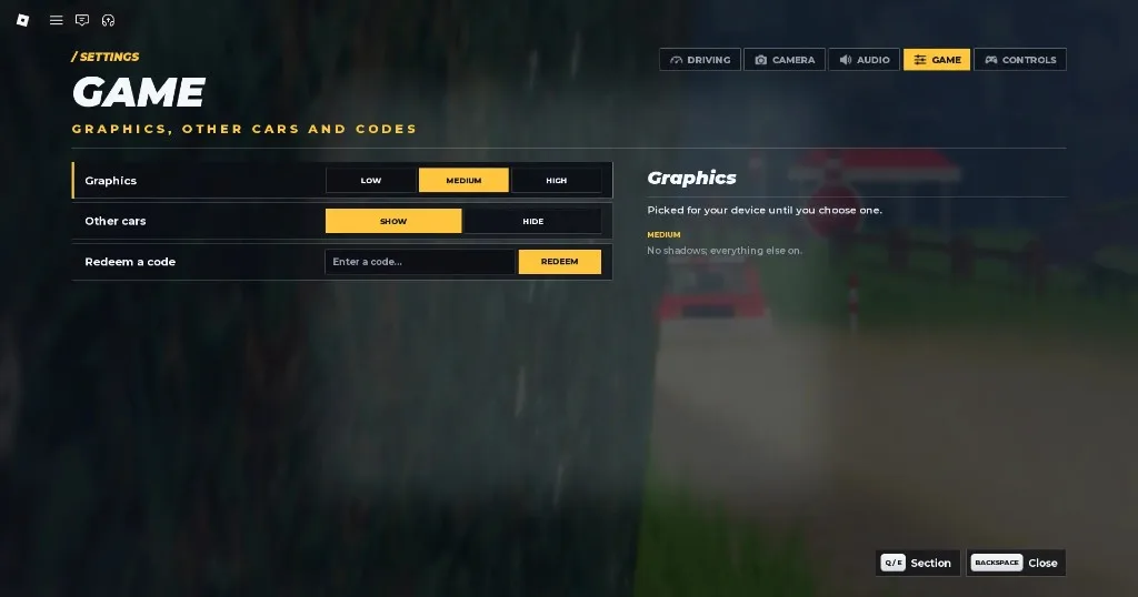 Backseat Rally Settings Game tab with Redeem a code under Graphics and Other cars