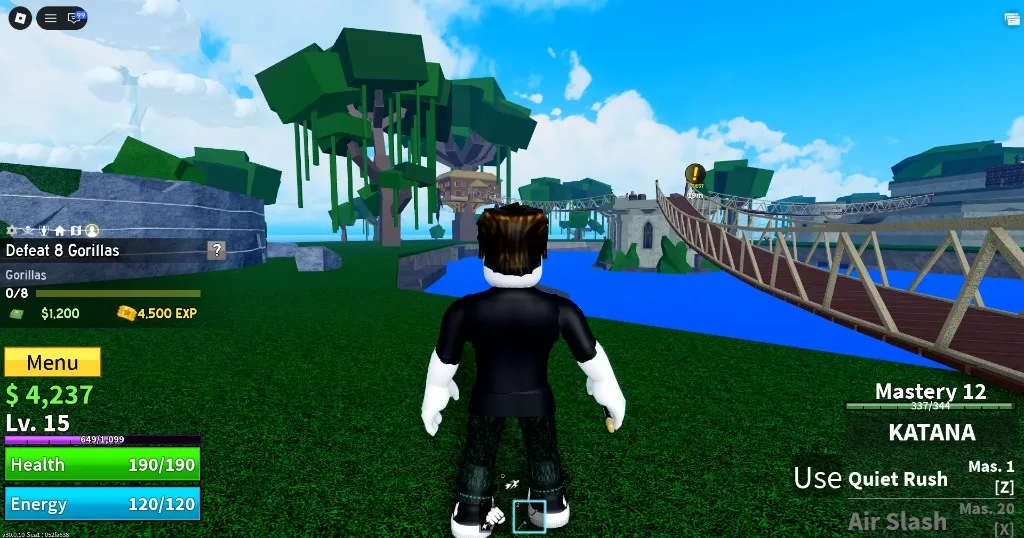 Blox Fruits First Sea jungle: level 15 player with Katana on a Defeat 8 Gorillas quest