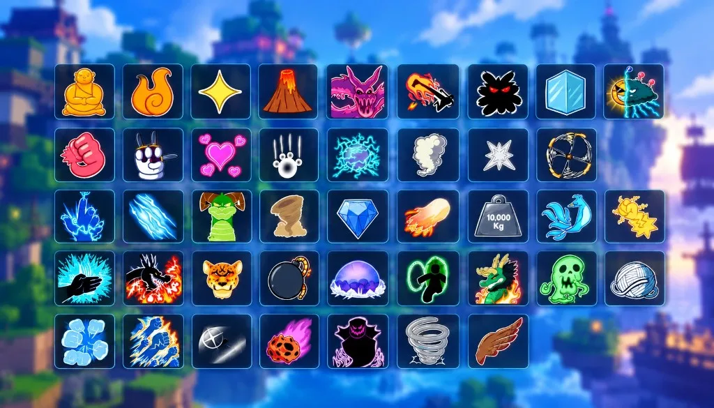 Blox Fruits fighting style and ability icon grid over a tropical island skyline