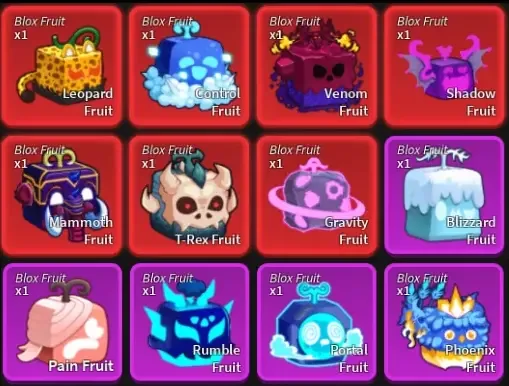 Blox Fruits inventory fruit cards: Leopard, Control, Venom, Shadow, Mammoth, T-Rex, Gravity, Blizzard, Pain, Rumble, Portal, Phoenix