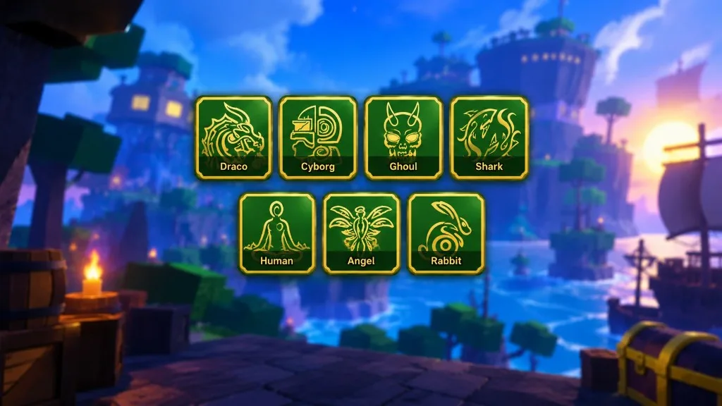 Blox Fruits race icons: Draco, Cyborg, Ghoul, Shark, Human, Angel, Rabbit on a sunset First Sea pier