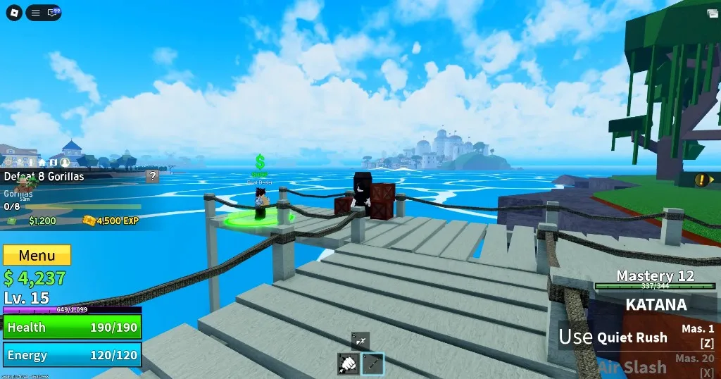Blox Fruits First Sea pier: Boat Dealer shop marker overlooking the ocean and Middle Town