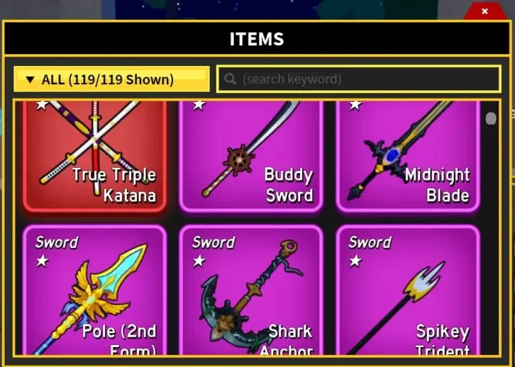 Blox Fruits Items inventory: True Triple Katana, Buddy Sword, Midnight Blade, Pole (2nd Form), Shark Anchor, Spikey Trident