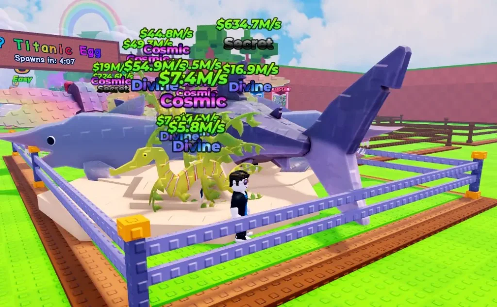 Break and Steal an Egg animal pen with Cosmic and Divine animals showing cash per second, Titanic Egg spawn timer nearby