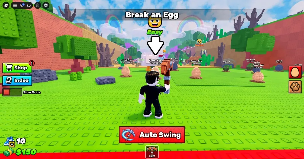 Break and Steal an Egg beginner Forest zone: player with Wooden Pickaxe at a Forest Egg Common, Auto Swing button, Shop and Index, Speed 10 and $150