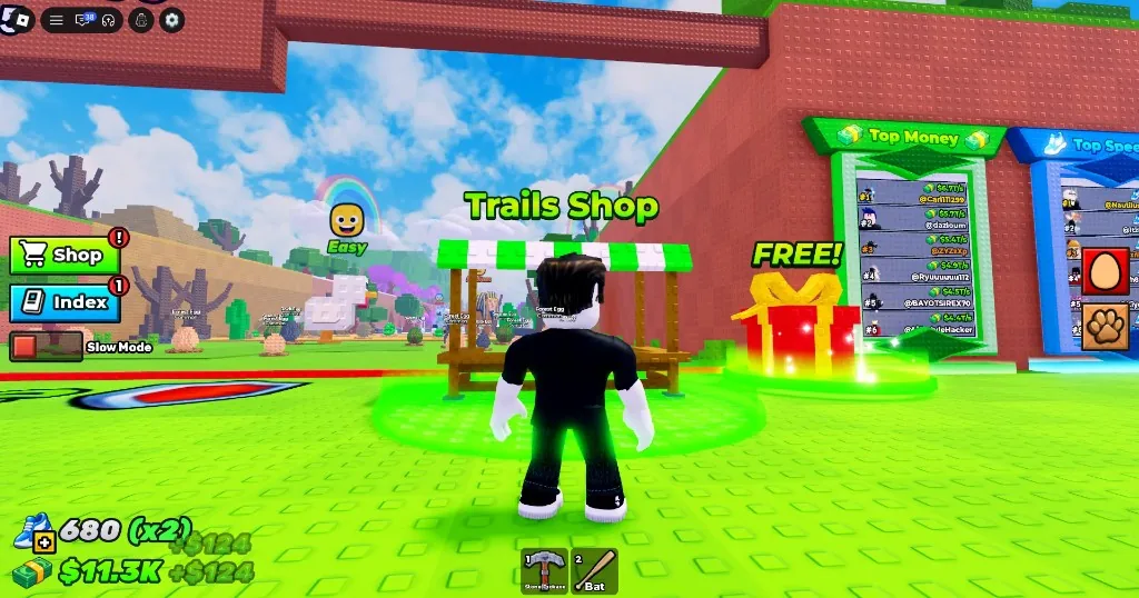 Break and Steal an Egg Safe Zone upgrades hub: Trails Shop stall, FREE gift box, Stone Pickaxe and Bat on the hotbar, Speed and cash stats