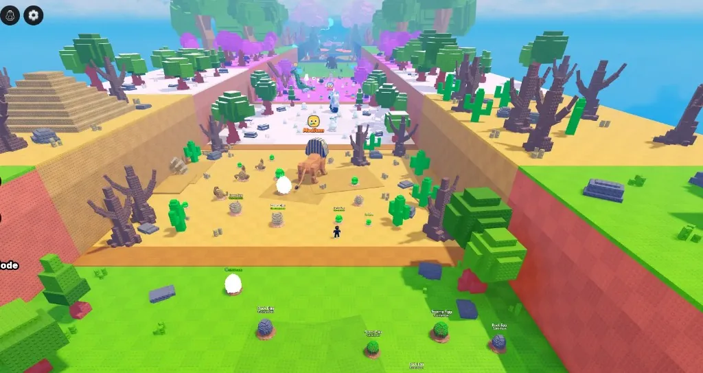 Break and Steal an Egg zone overview: Forest eggs in the foreground, Desert with Sand Egg Uncommon and sphinx, then snow and later biomes down the path