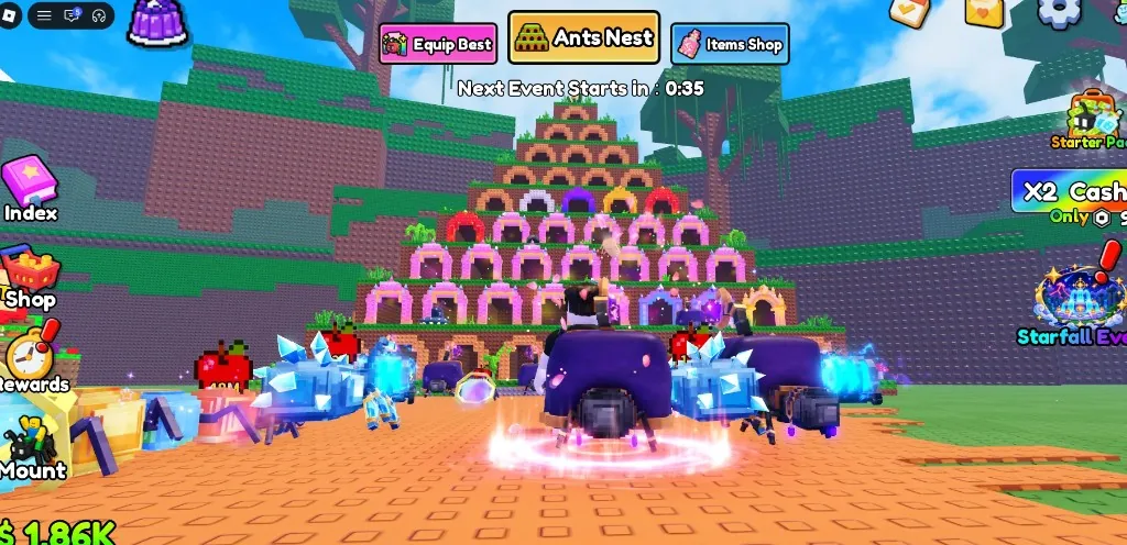 Build An Ant Empire Ants Nest pyramid with colorful doorway chambers, crystalline blue ants in front, Index and Mount sidebar, and Next Event countdown