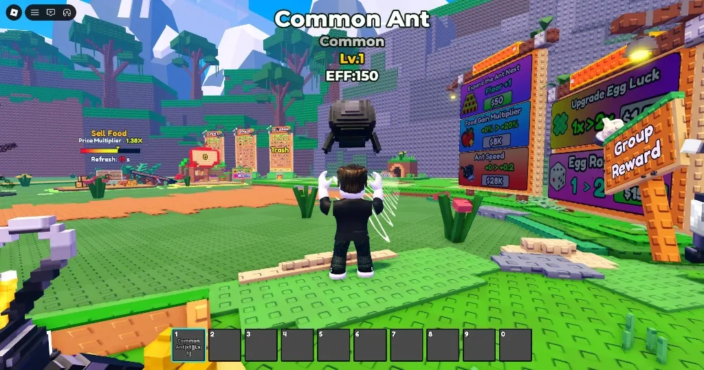 Build An Ant Empire beginner view: Level 1 Common Ant with EFF 150 above the player, Sell Food station, and boards for Expand the Ant Nest, Food Gain Multiplier, Ant Speed, Egg Luck, and Egg Range