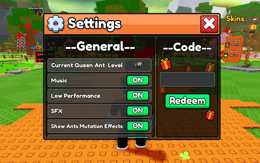 Build An Ant Empire Settings menu with General toggles on the left and a Code panel on the right showing the code input box and green Redeem button