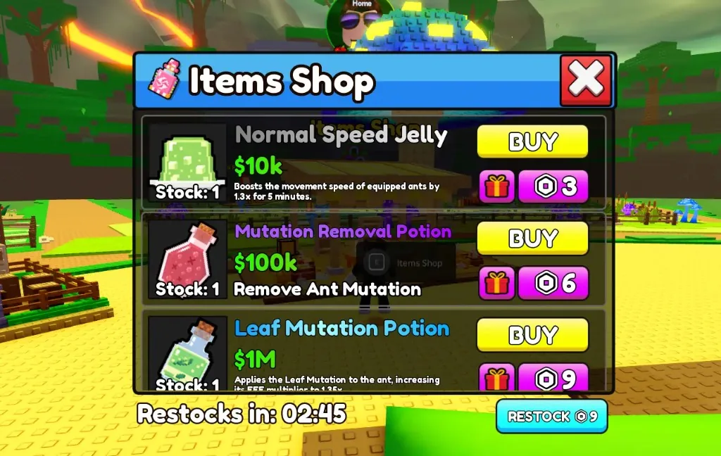 Build An Ant Empire Items Shop listing Normal Speed Jelly for $10k, Mutation Removal Potion for $100k, and Leaf Mutation Potion for $1M, with restock timer