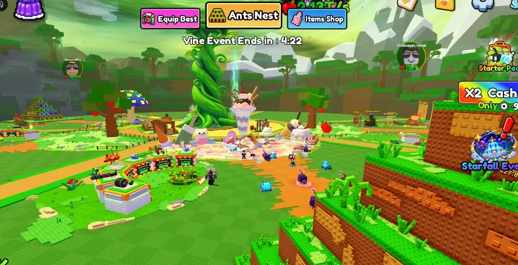 Build An Ant Empire upgrades area during Vine Event: giant beanstalk and sundae landmark, Equip Best and Items Shop buttons, ants on colored pads, and Starfall Event promo