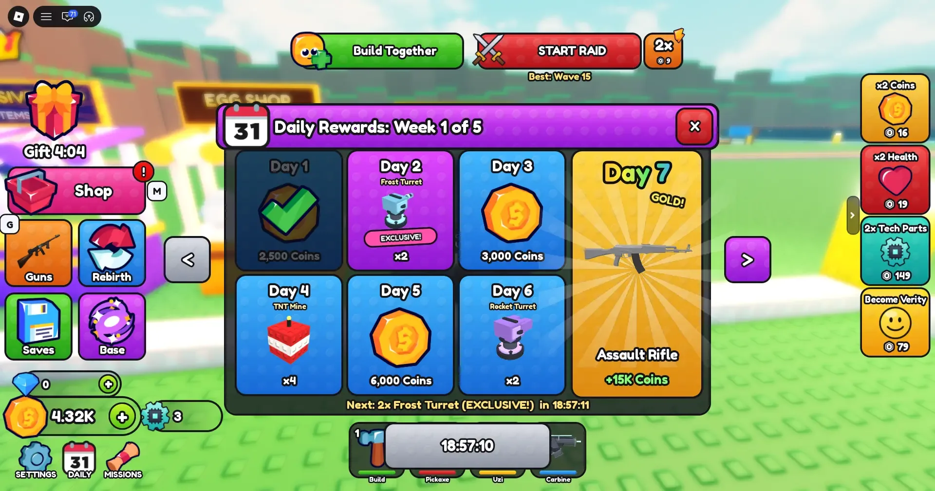 Bunker vs Verity Daily Rewards Week 1 calendar