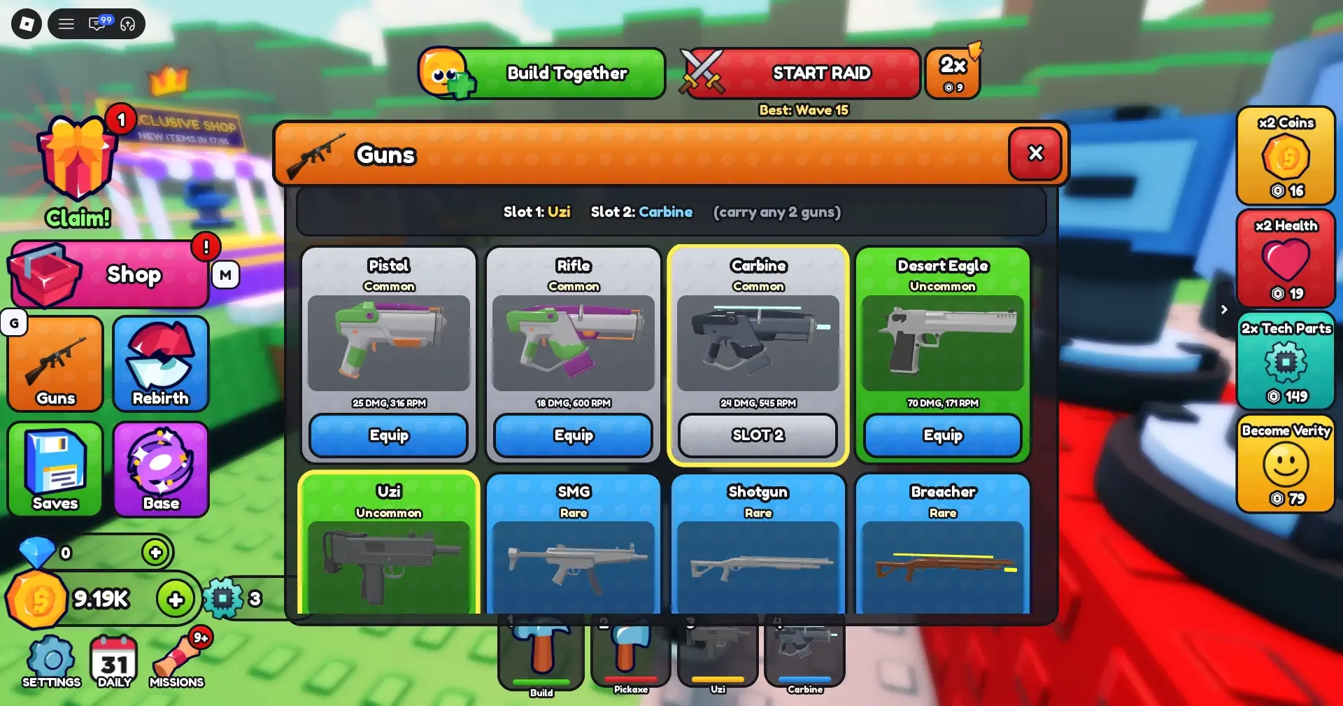 Bunker vs Verity Guns menu with two equipped slots