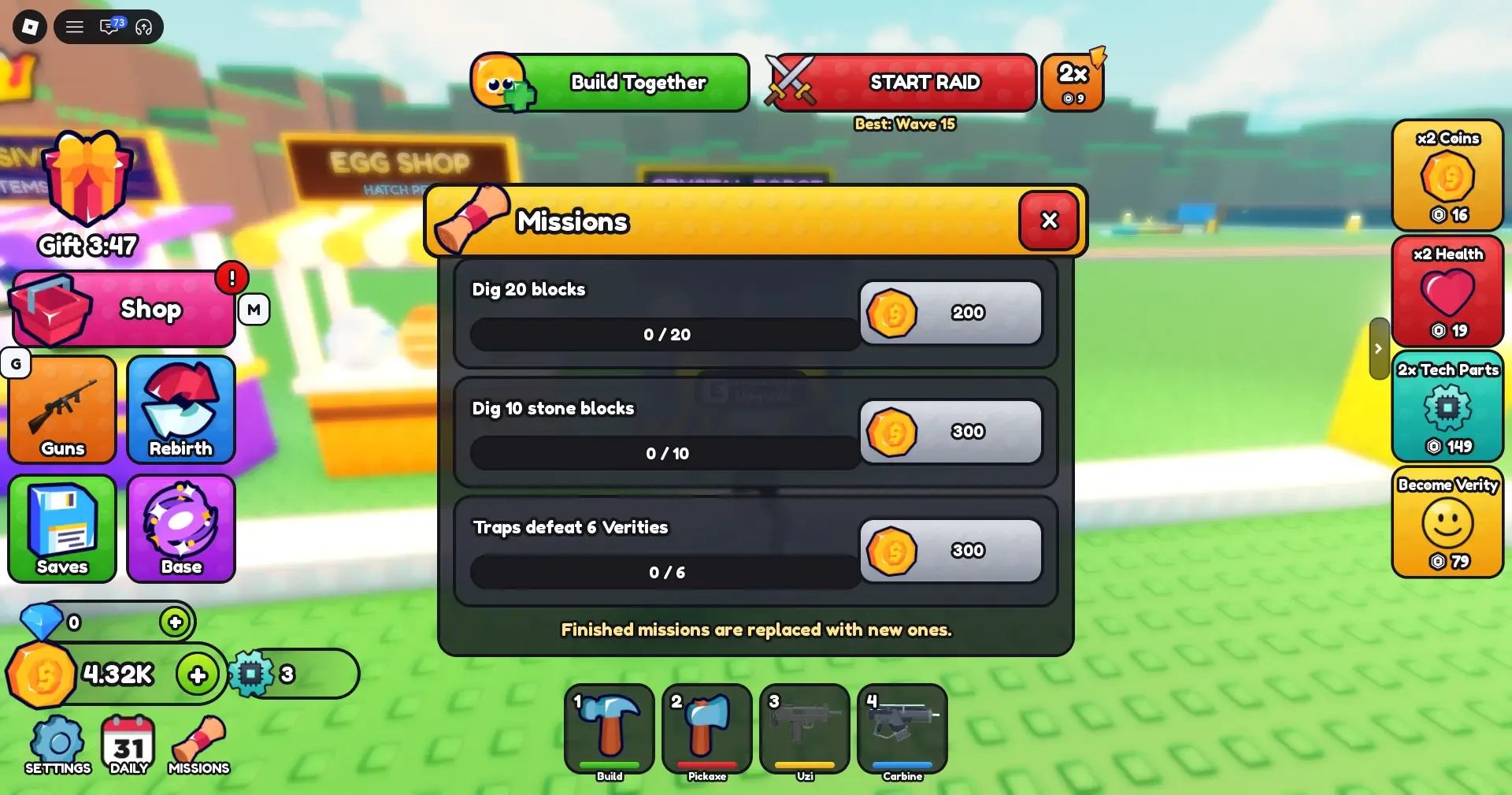 Bunker vs Verity Missions panel with dig and trap goals