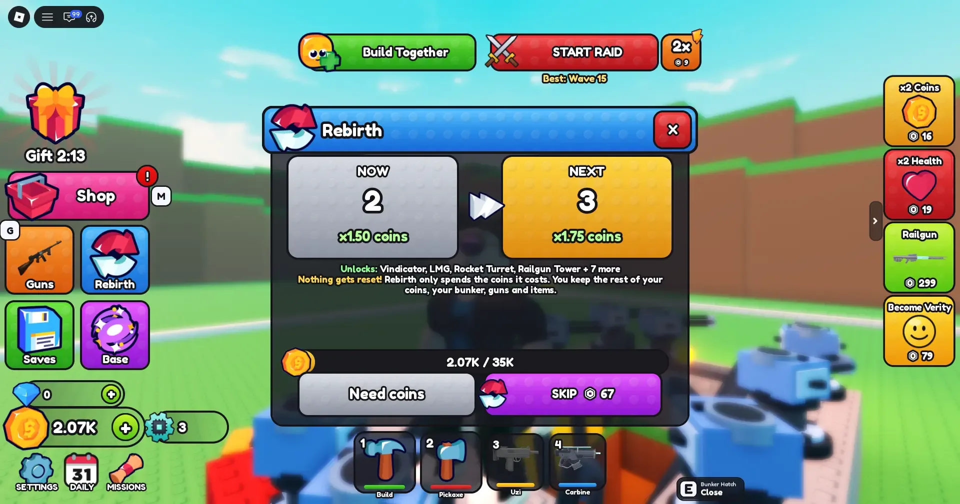 Bunker vs Verity Rebirth panel: next level multiplier and unlocks