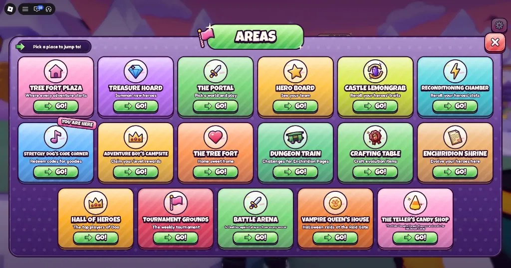 Candy Kingdom Defense AREAS fast-travel menu listing Tree Fort stations with GO buttons