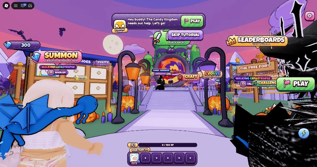 Candy Kingdom Defense Tree Fort hub with Stretchy Dog tutorial prompt, Summon, Craft, and Evolve stations