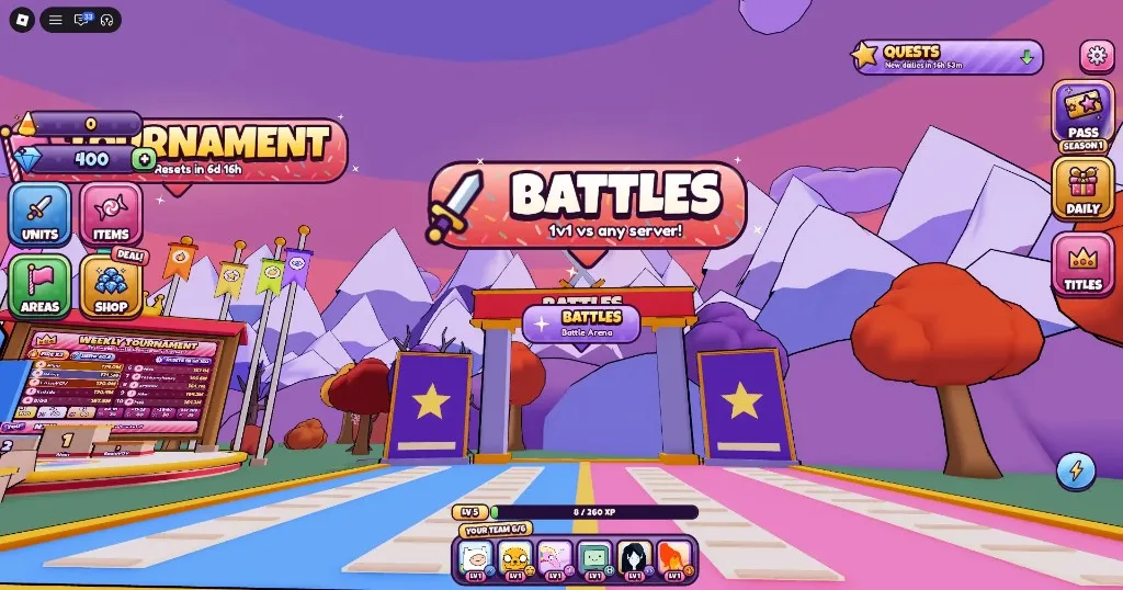 Candy Kingdom Defense Battle Arena entrance labeled Battles 1v1 vs any server