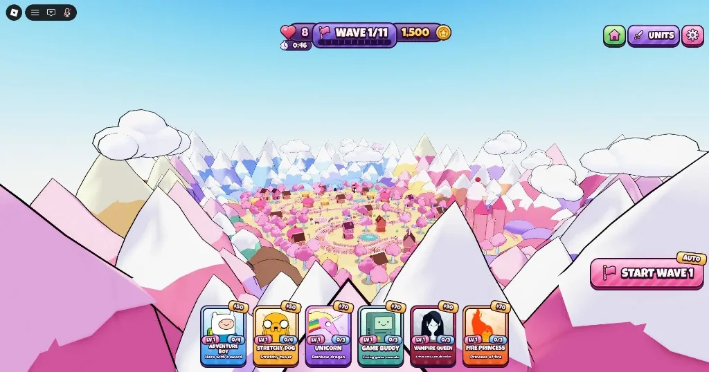 Candy Kingdom Defense Story match: WAVE 1/11, match cash, and six-hero hotbar place costs