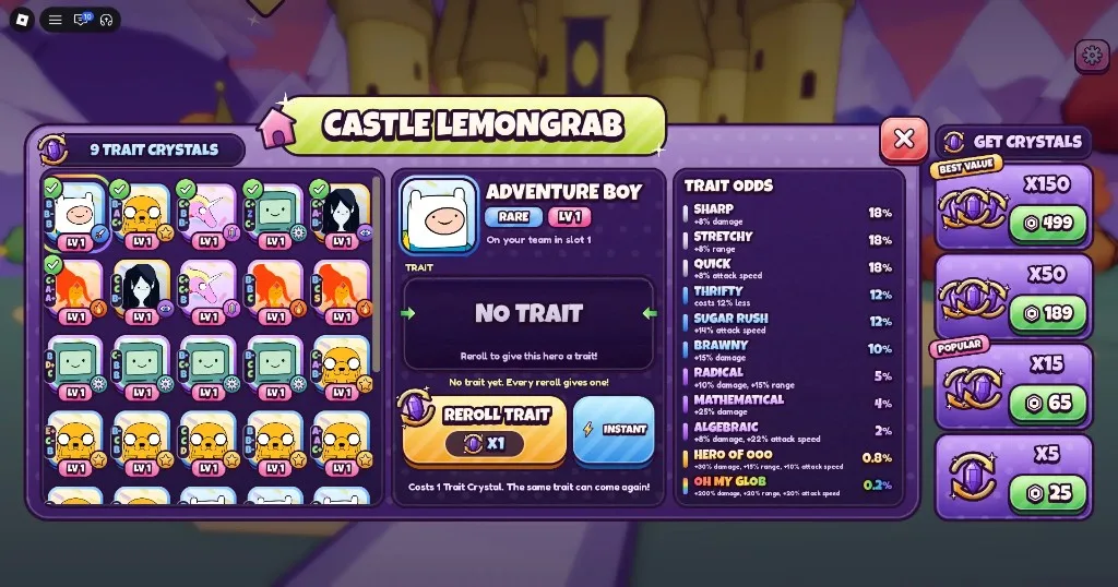 Candy Kingdom Defense Castle Lemongrab trait reroll panel with odds from Sharp to Oh My Glob