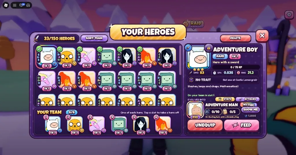 Candy Kingdom Defense Your Heroes panel showing Adventure Boy stats, NO TRAIT, and evolve into Adventure Man