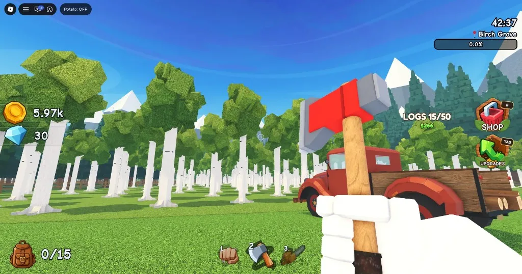 Chop A Forest Birch Grove: axe out beside a red flatbed truck