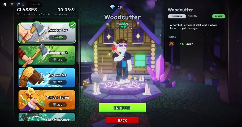Chop A Forest Classes stall: Woodcutter equipped with Common perk preview