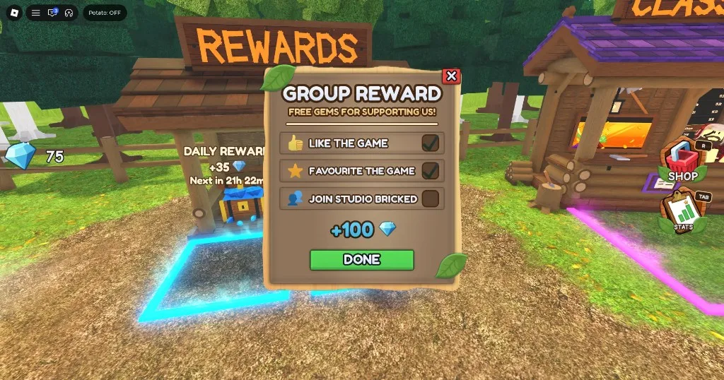 Chop A Forest Group Reward checklist at the Rewards stall for free Gems