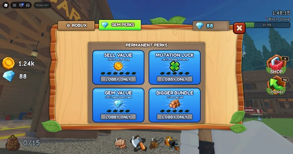 Chop A Forest Shop Gem Perks: Sell Value, Mutation Luck, Gem Value, Bigger Bundle