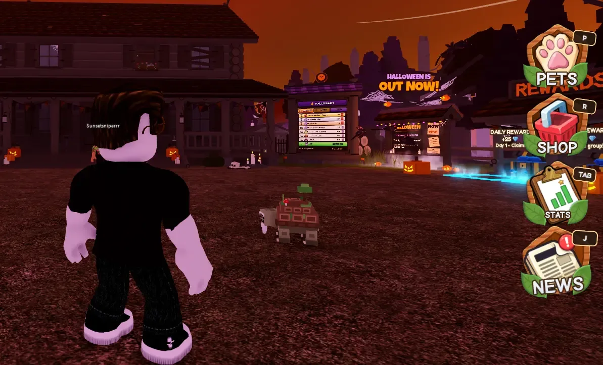 Chop A Forest lobby: PETS button (P) and an equipped pet following the player