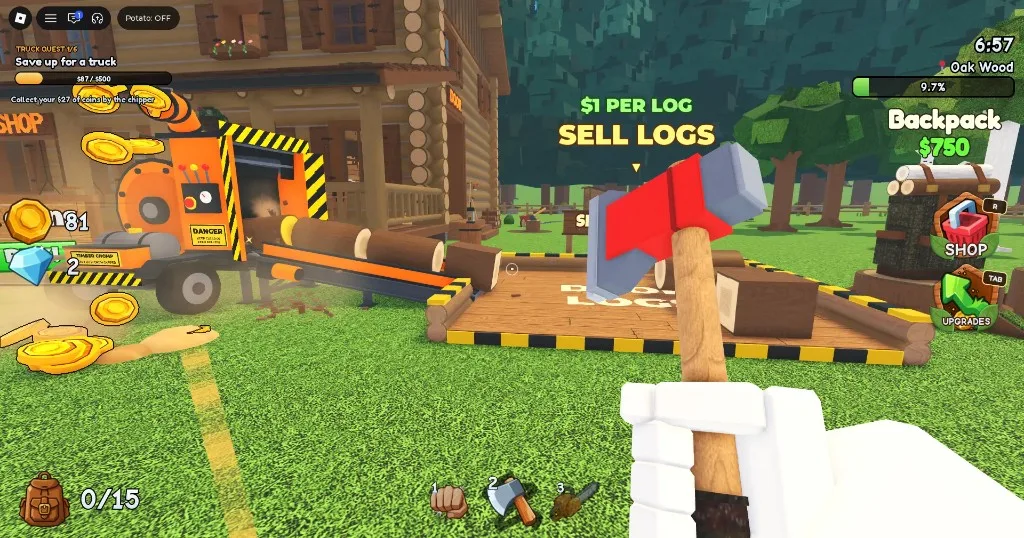 Chop A Forest sell pad and chipper: $1 per log with coins spilling out