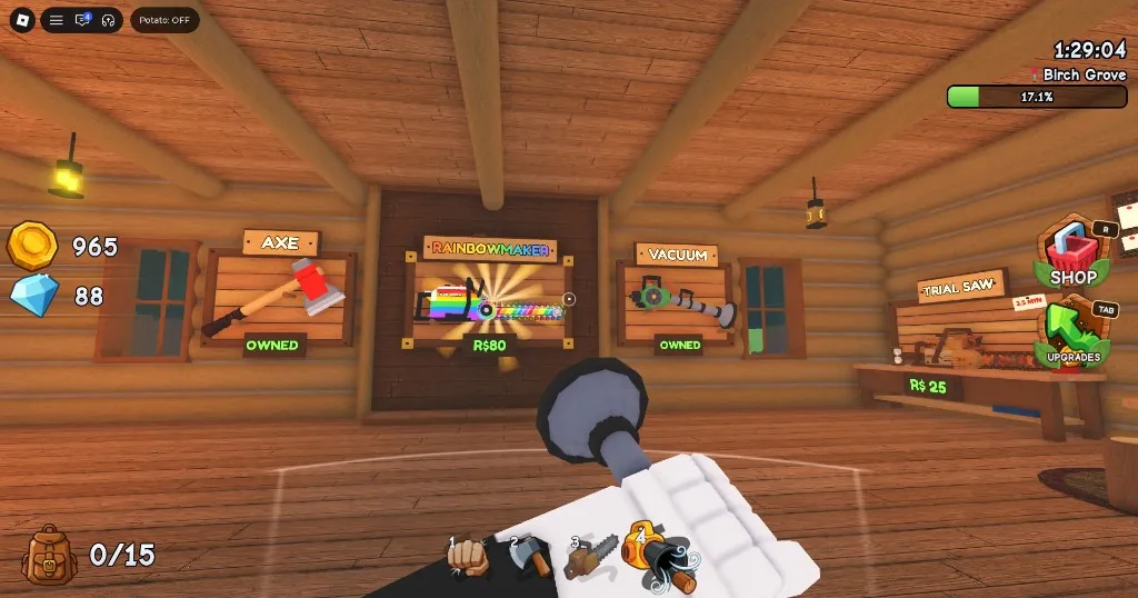 Chop A Forest Tool Shop wall: Axe, Rainbowmaker, Vacuum, and Trial Saw