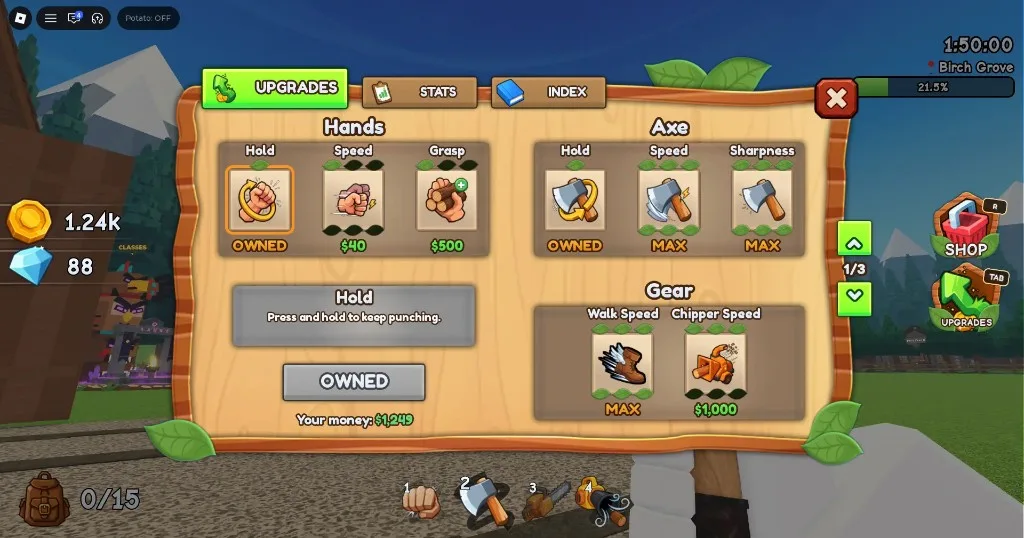 Chop A Forest Upgrades panel: Hands, Axe, Walk Speed, and Chipper Speed