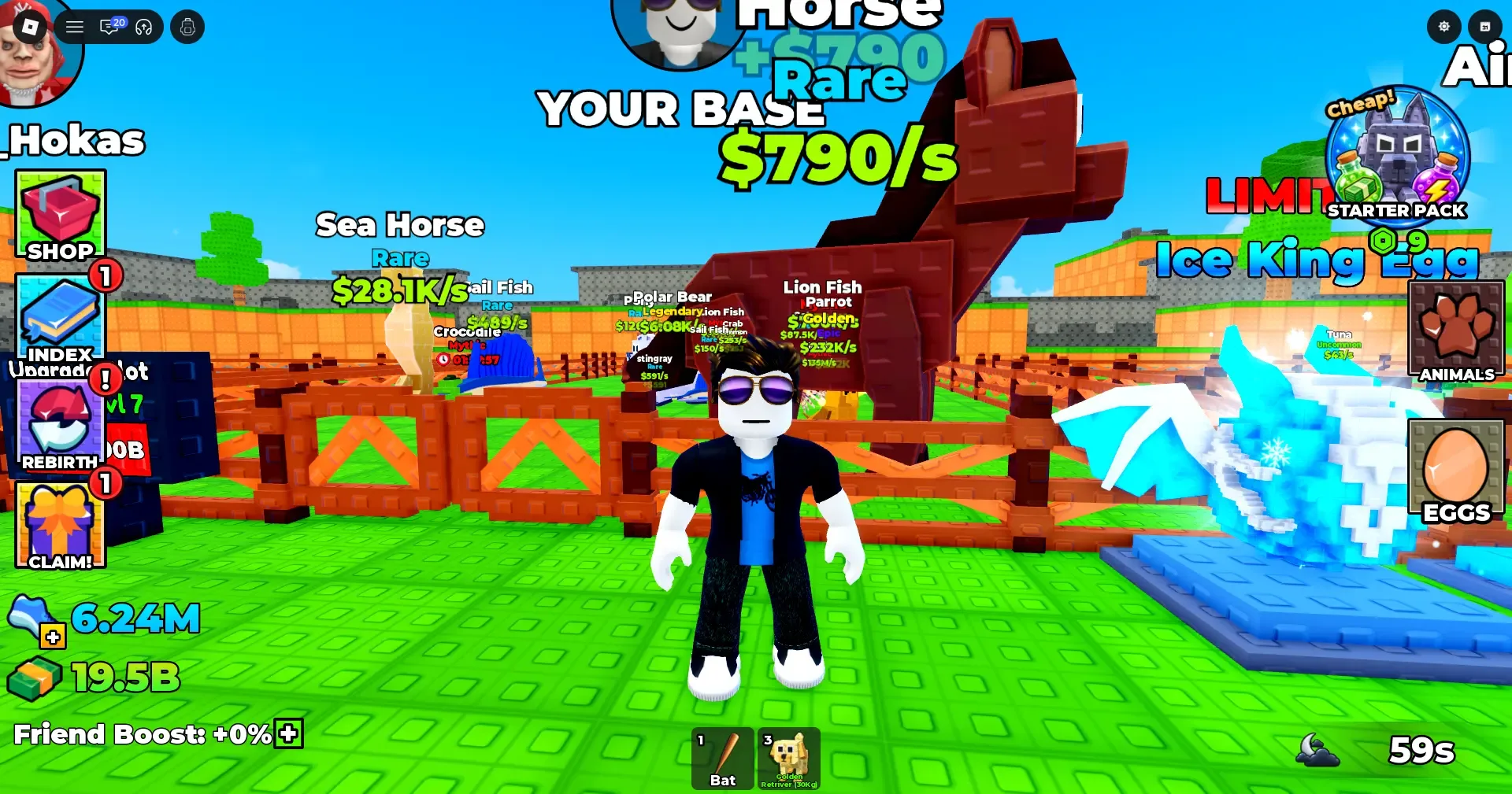 Climb For Animals Eggs base with Horse, Sea Horse, Ice King Egg, and other animals earning Cash