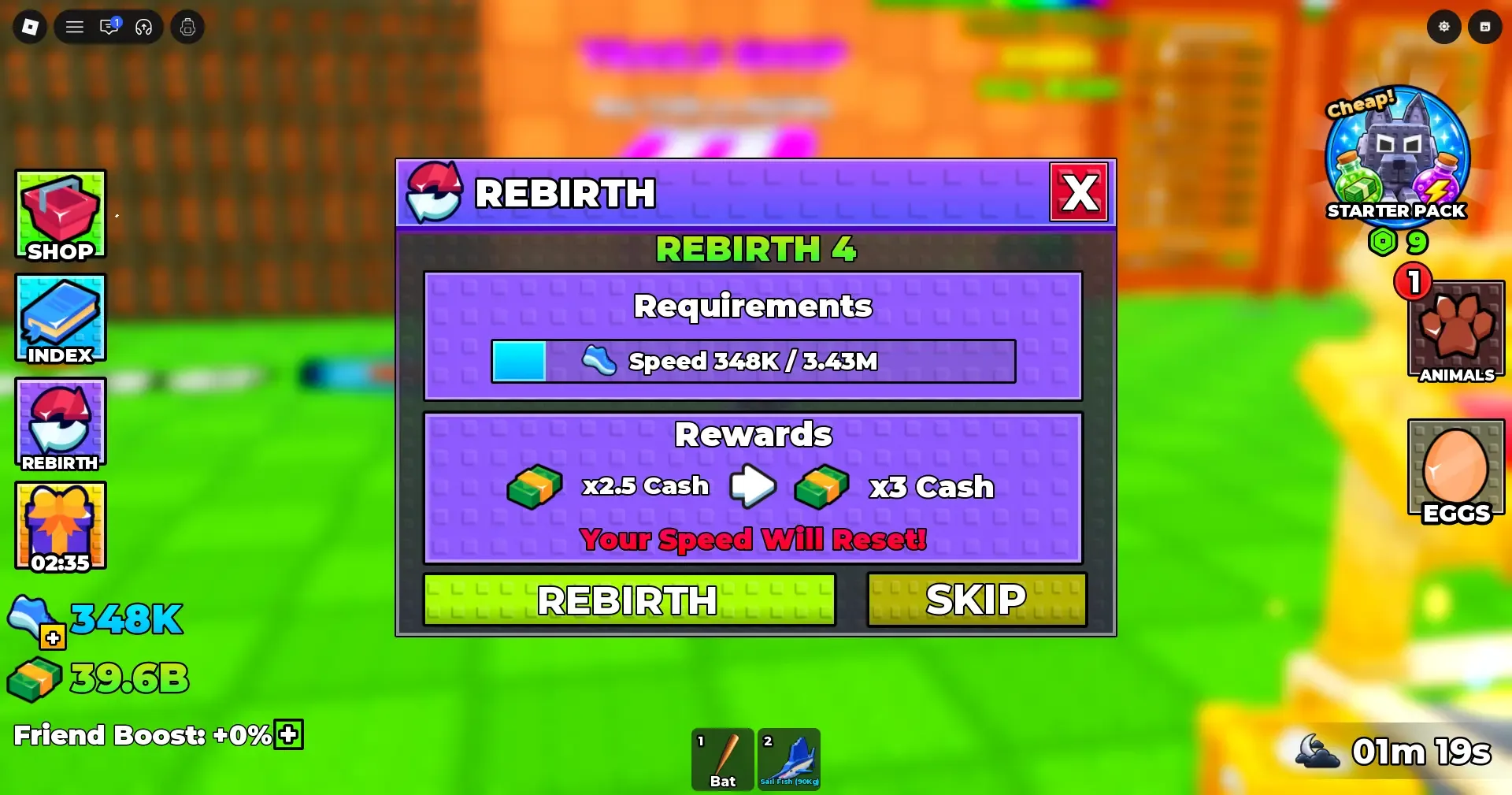 Climb For Animals Eggs Rebirth menu showing Speed requirement and Cash multiplier with Speed reset warning