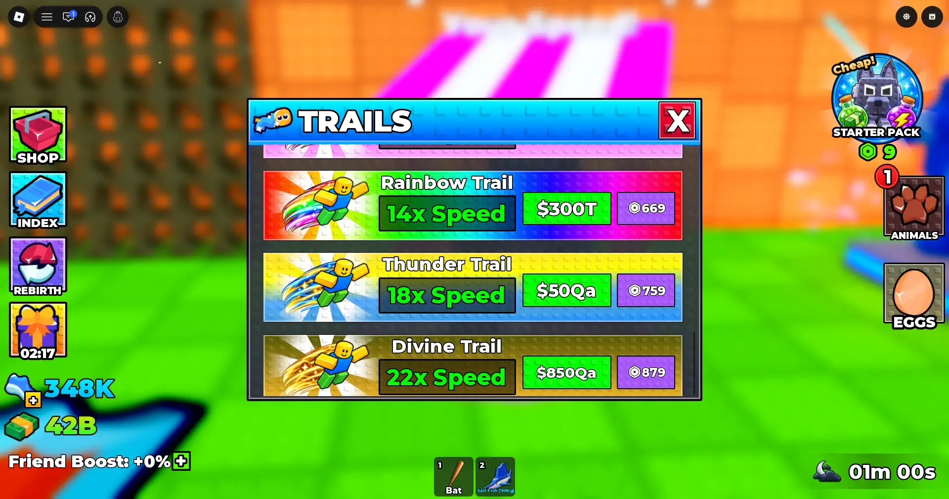 Climb For Animals Eggs Trails shop showing Rainbow, Thunder, and Divine Speed multipliers