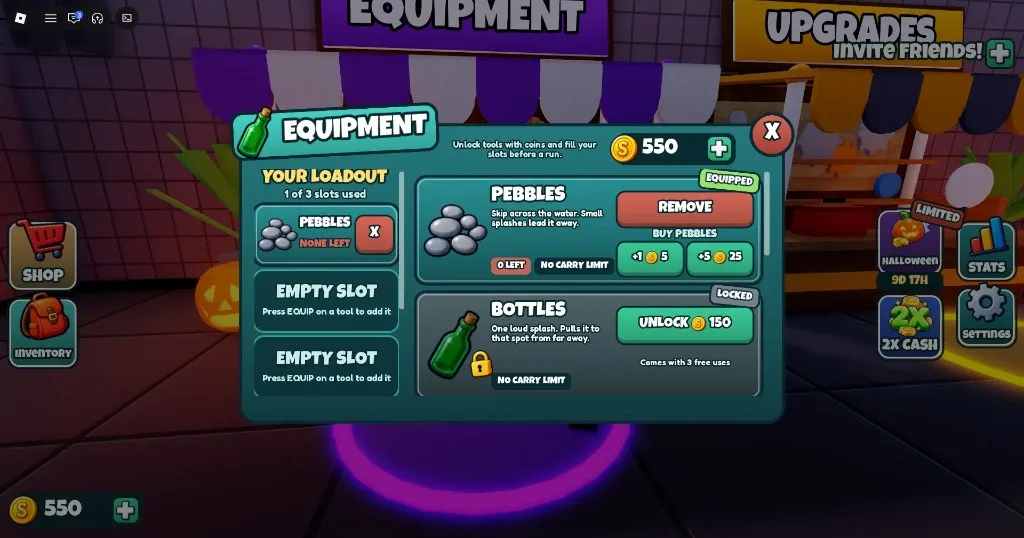 DONT SPLASH Equipment stall menu showing Pebbles equipped and Bottles unlock for 150 Coins
