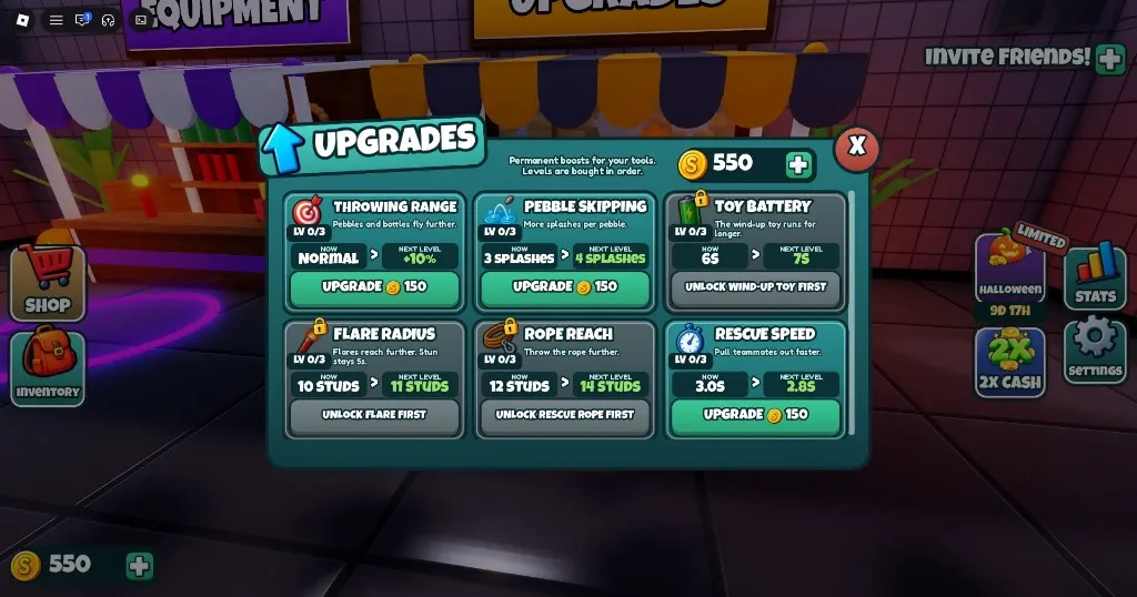 DONT SPLASH Upgrades panel with Throwing Range, Pebble Skipping, and locked Toy Battery lines