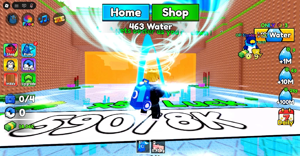 +1 Drain Water Per Click progression cover: vertical ocean stages, power gates, and deeper luck pools