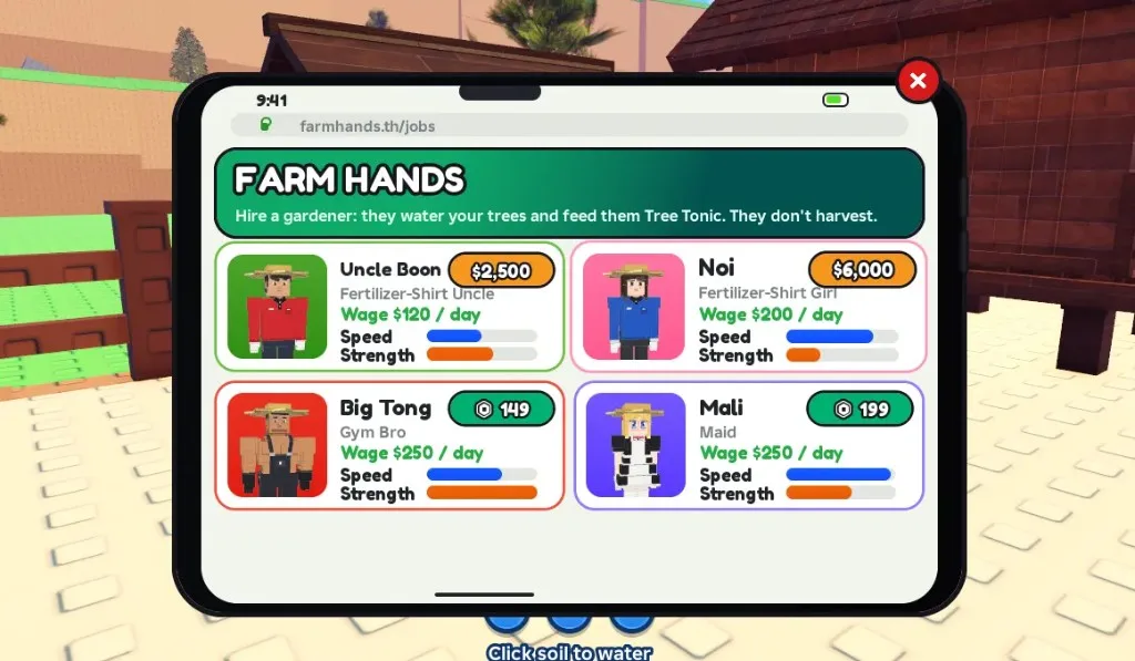 Farm Hands Jobs tablet: Uncle Boon, Noi, Big Tong, and Mali hire cards