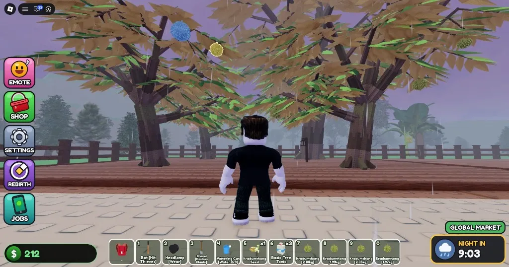 Durian Garden HUD: Jobs, Shop, Rebirth buttons, Bat and Headlamp hotbar, NIGHT IN timer