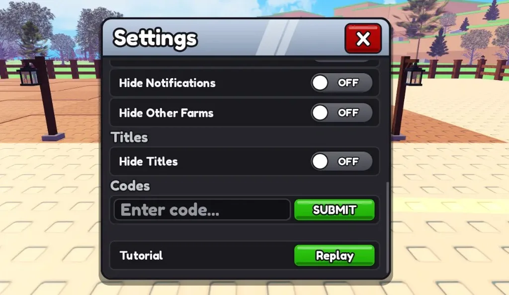 Settings menu Codes field with Enter code and SUBMIT button